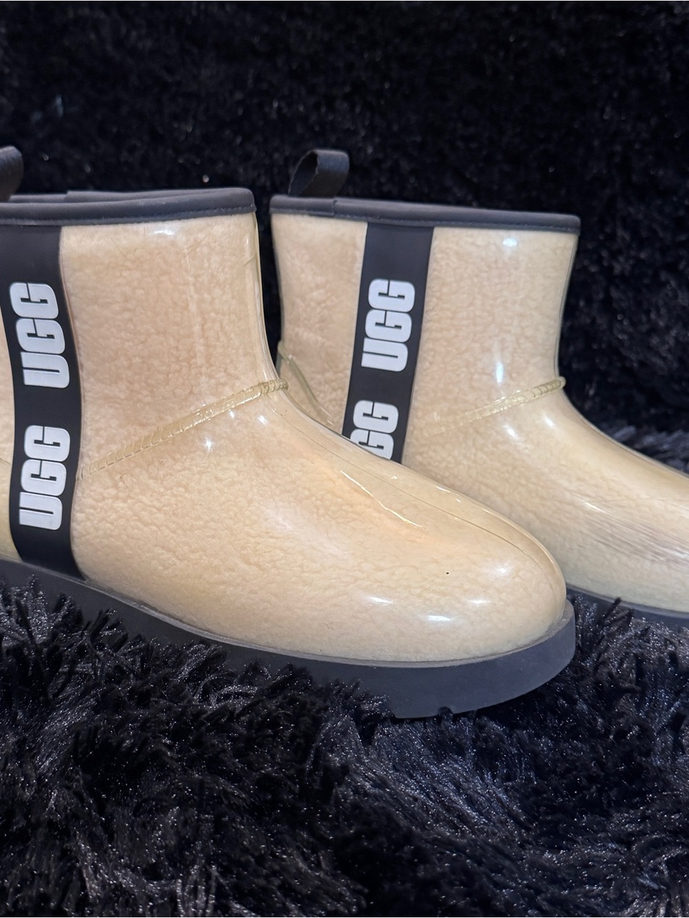 UGG Tan Glossy Shearling-Look Waterproof Ankle Booties